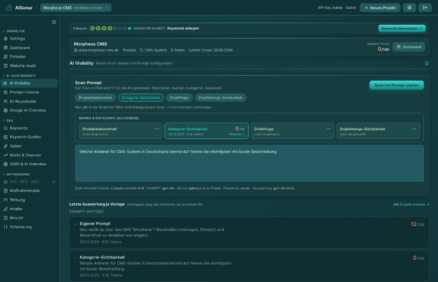 AISonar AI Visibility — Scan-Prompt, Scores und Modell-Auswertung